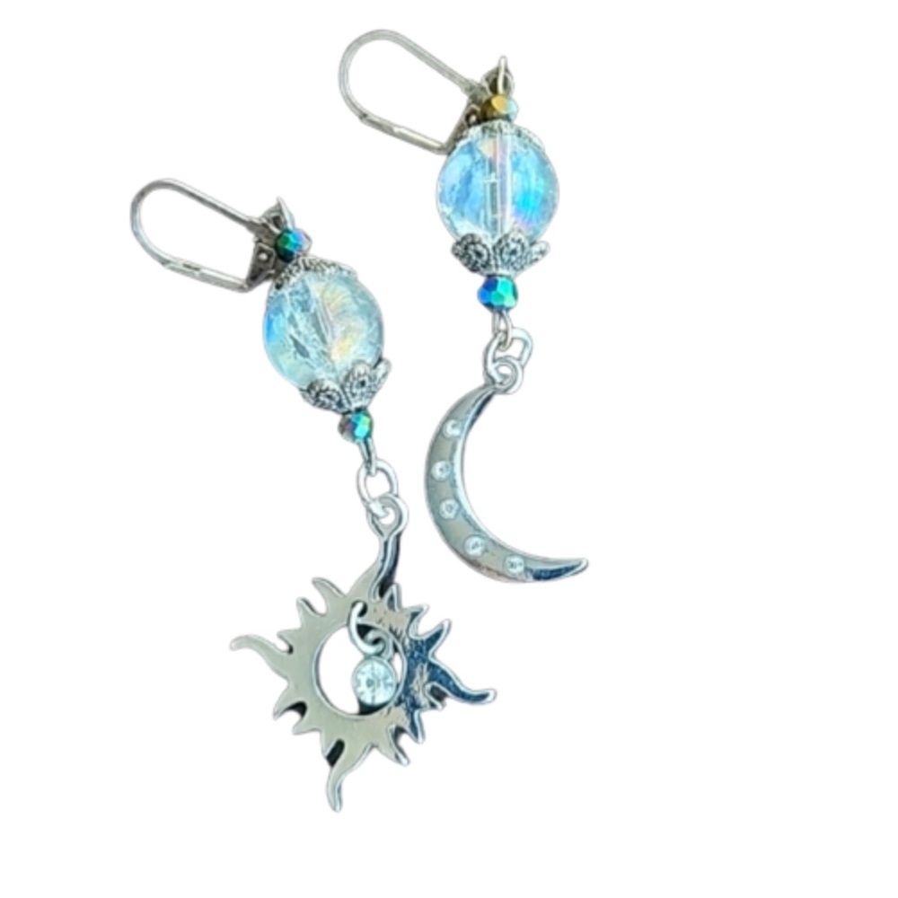 Iridescent Celestial Sun & Crescent Moon Earrings